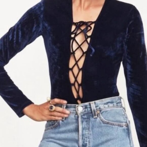 Reformation Avalon Velvet Blue Bodysuit - Size - Small - Picture 2 of 8